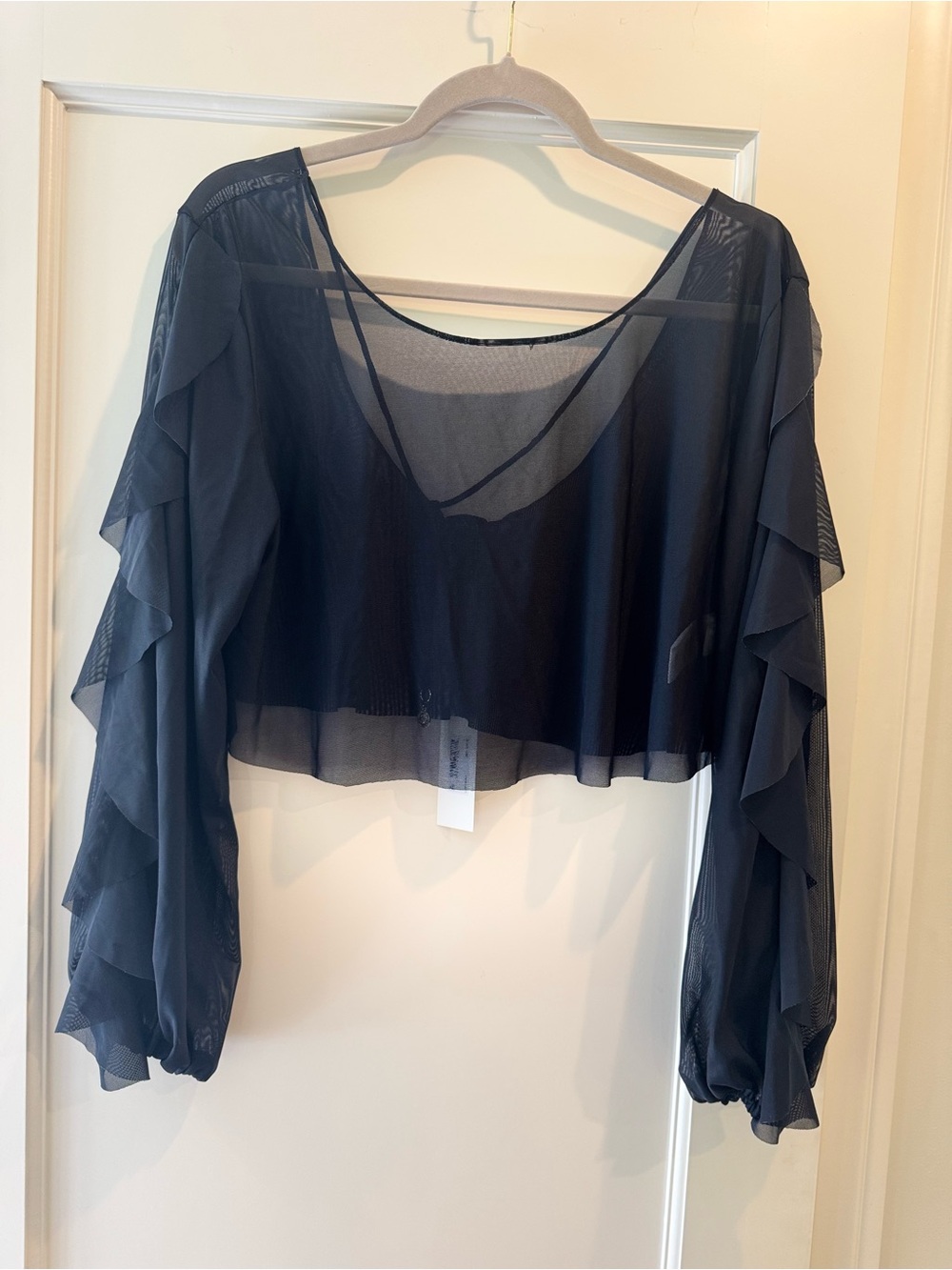 L'AGENCE Black Sheer Ruffle Crop Top with Ruched Maxi Skirt - Picture 2 of 11